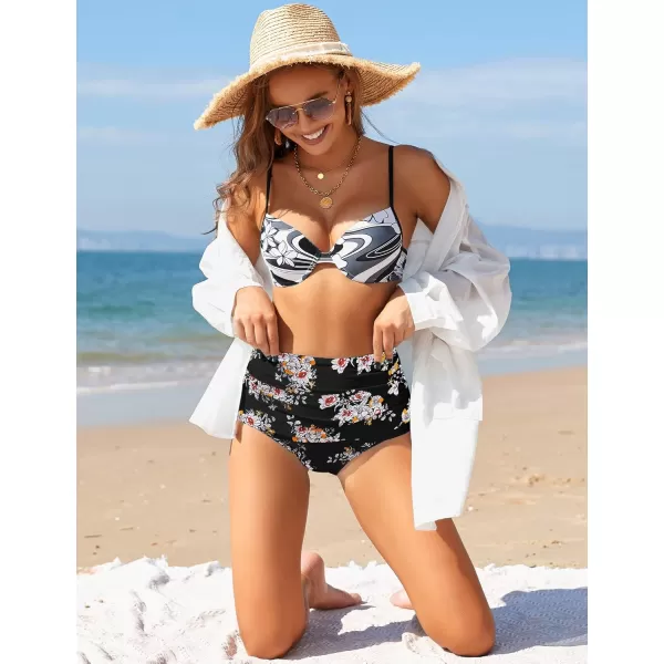 GRAPENT Womens High Waisted Swim Bottom Ruched Bikini Tankini Swimsuit BriefsB 2022 Black Floral