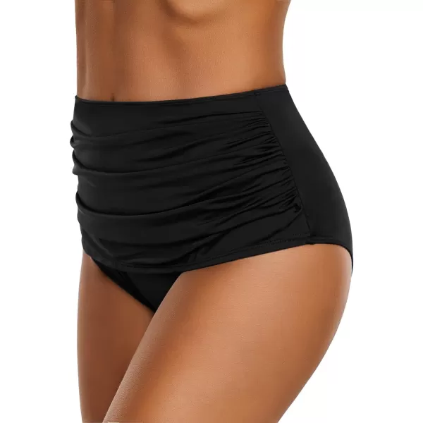 GRAPENT Womens High Waisted Swim Bottom Ruched Bikini Tankini Swimsuit BriefsB Black