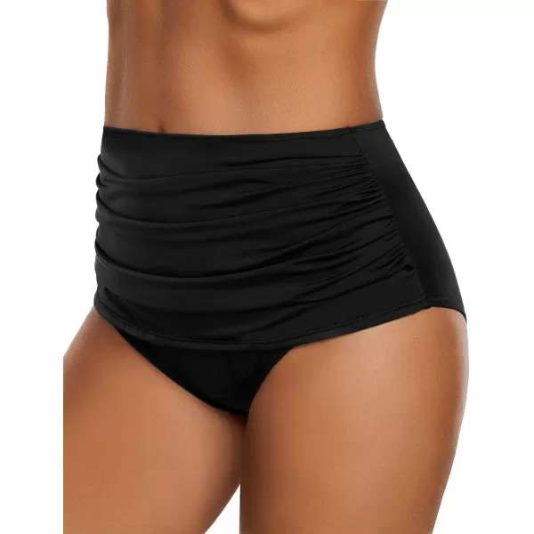 GRAPENT Womens High Waisted Swim Bottom Ruched Bikini Tankini Swimsuit BriefsB Black