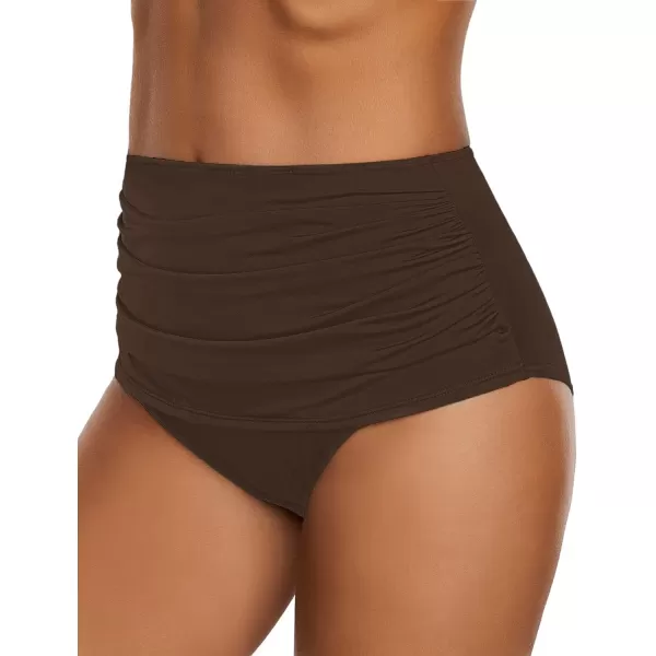 GRAPENT Womens High Waisted Swim Bottom Ruched Bikini Tankini Swimsuit BriefsB Chocolate Brown