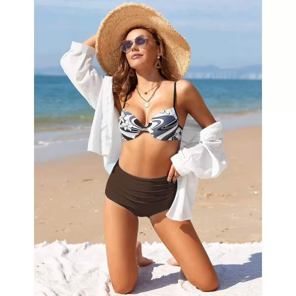 GRAPENT Womens High Waisted Swim Bottom Ruched Bikini Tankini Swimsuit BriefsB Chocolate Brown