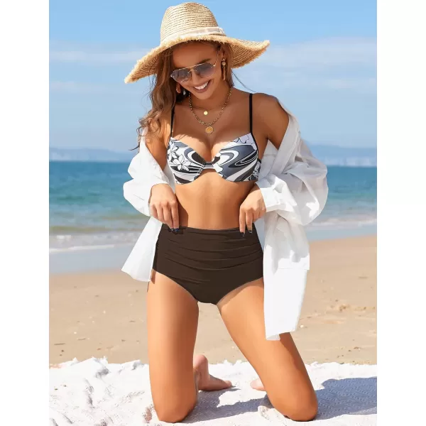 GRAPENT Womens High Waisted Swim Bottom Ruched Bikini Tankini Swimsuit BriefsB Chocolate Brown