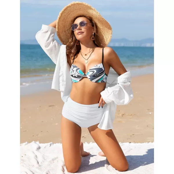 GRAPENT Womens High Waisted Swim Bottom Ruched Bikini Tankini Swimsuit BriefsB White