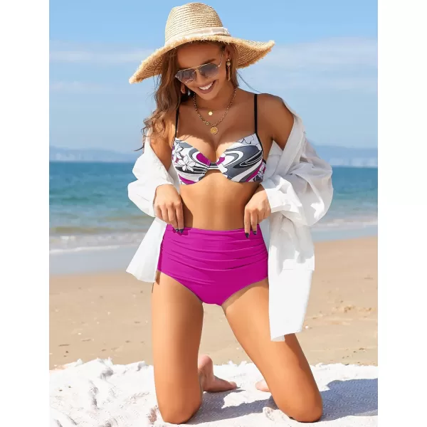 GRAPENT Womens High Waisted Swim Bottom Ruched Bikini Tankini Swimsuit BriefsDeep Magenta
