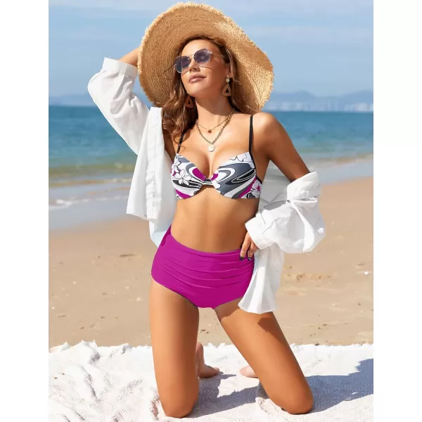 GRAPENT Womens High Waisted Swim Bottom Ruched Bikini Tankini Swimsuit BriefsDeep Magenta