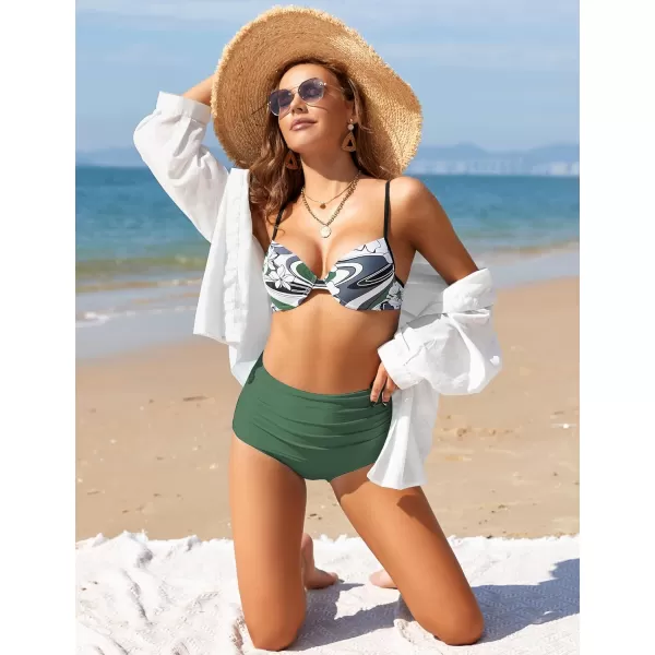 GRAPENT Womens High Waisted Swim Bottom Ruched Bikini Tankini Swimsuit BriefsFoliage Green