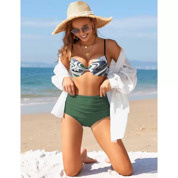 GRAPENT Womens High Waisted Swim Bottom Ruched Bikini Tankini Swimsuit BriefsFoliage Green