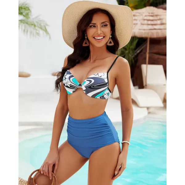 GRAPENT Womens High Waisted Swim Bottom Ruched Bikini Tankini Swimsuit BriefsGray Blue