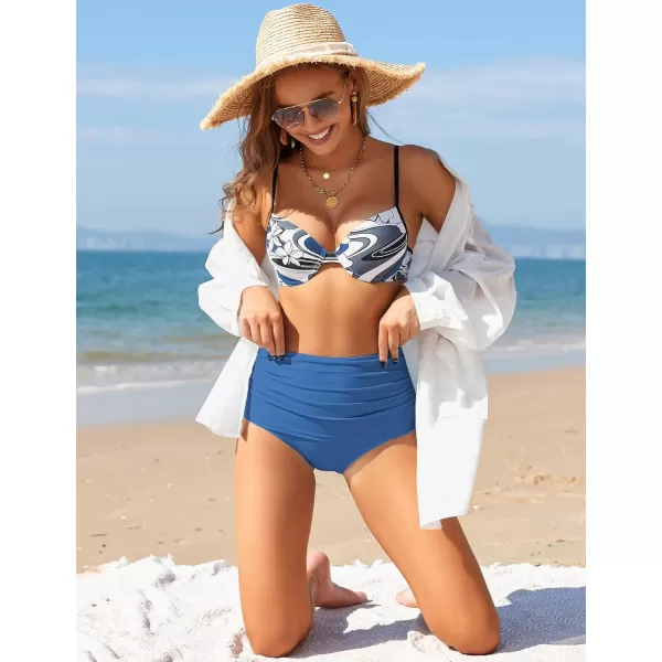 GRAPENT Womens High Waisted Swim Bottom Ruched Bikini Tankini Swimsuit BriefsGray Blue