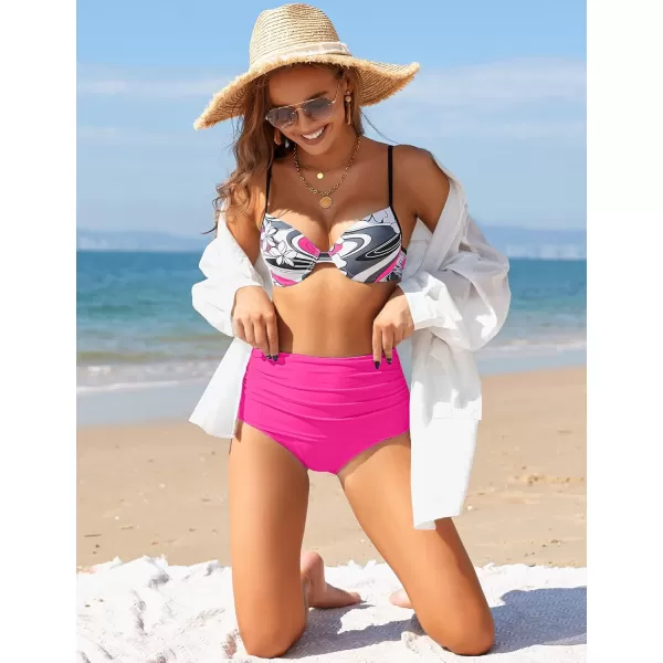 GRAPENT Womens High Waisted Swim Bottom Ruched Bikini Tankini Swimsuit BriefsHot Pink