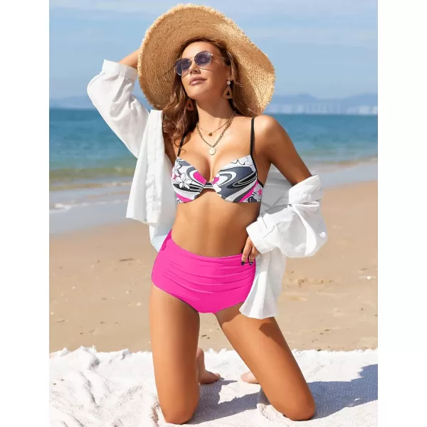 GRAPENT Womens High Waisted Swim Bottom Ruched Bikini Tankini Swimsuit BriefsHot Pink