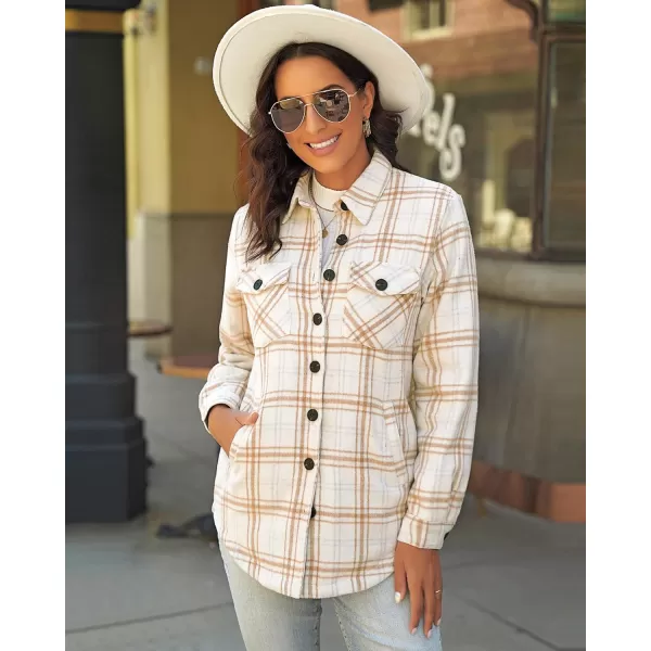 GRAPENT Womens Oversized Plaid Button Down Shirt Quilted Lined Shacket JacketAalmond Cream Plaidquilted Lined
