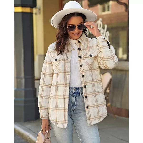 GRAPENT Womens Oversized Plaid Button Down Shirt Quilted Lined Shacket JacketAalmond Cream Plaidquilted Lined