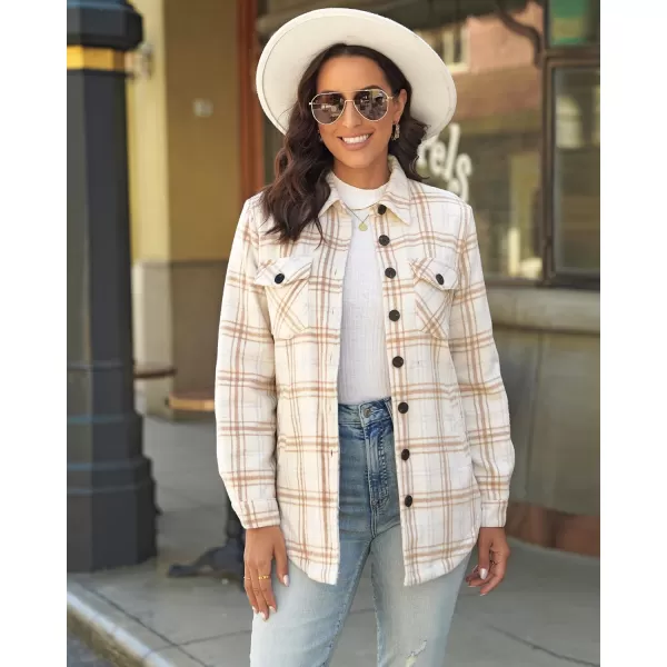 GRAPENT Womens Oversized Plaid Button Down Shirt Quilted Lined Shacket JacketAalmond Cream Plaidquilted Lined