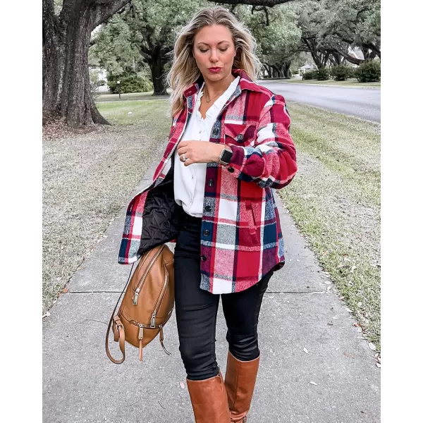 GRAPENT Womens Oversized Plaid Button Down Shirt Quilted Lined Shacket JacketAnavy Blue  Red Plaidquilted Lined