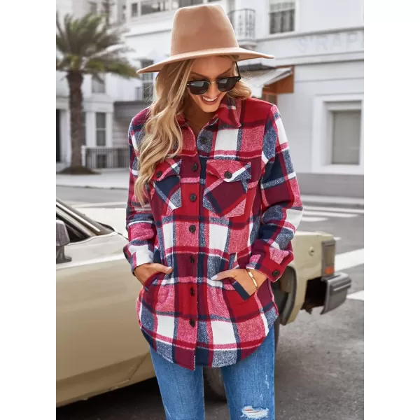 GRAPENT Womens Oversized Plaid Button Down Shirt Quilted Lined Shacket JacketAnavy Blue  Red Plaidquilted Lined