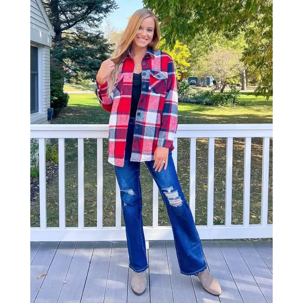GRAPENT Womens Oversized Plaid Button Down Shirt Quilted Lined Shacket JacketAnavy Blue  Red Plaidquilted Lined