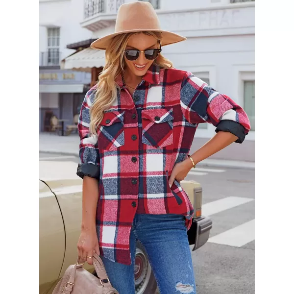 GRAPENT Womens Oversized Plaid Button Down Shirt Quilted Lined Shacket JacketAnavy Blue  Red Plaidquilted Lined