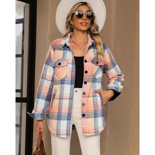 GRAPENT Womens Oversized Plaid Button Down Shirt Quilted Lined Shacket JacketApink  Blue Plaidquilted Lined