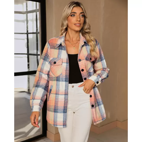 GRAPENT Womens Oversized Plaid Button Down Shirt Quilted Lined Shacket JacketApink  Blue Plaidquilted Lined