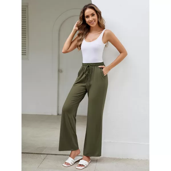 GRAPENT Womens Pants High Waisted Lounge Wide Leg Pull On Casual Drawstring Pj Bottoms Baggy Pajama Pants LoungewearArmy Green
