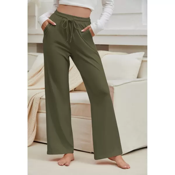 GRAPENT Womens Pants High Waisted Lounge Wide Leg Pull On Casual Drawstring Pj Bottoms Baggy Pajama Pants LoungewearArmy Green