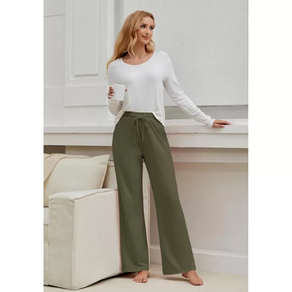 GRAPENT Womens Pants High Waisted Lounge Wide Leg Pull On Casual Drawstring Pj Bottoms Baggy Pajama Pants LoungewearArmy Green