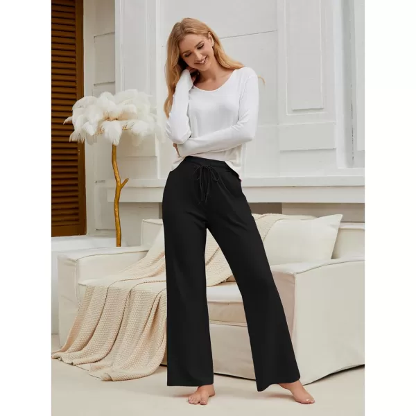 GRAPENT Womens Pants High Waisted Lounge Wide Leg Pull On Casual Drawstring Pj Bottoms Baggy Pajama Pants LoungewearBlack