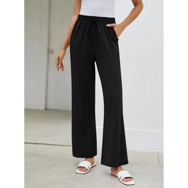 GRAPENT Womens Pants High Waisted Lounge Wide Leg Pull On Casual Drawstring Pj Bottoms Baggy Pajama Pants LoungewearBlack