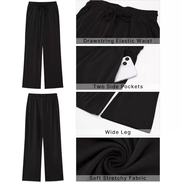 GRAPENT Womens Pants High Waisted Lounge Wide Leg Pull On Casual Drawstring Pj Bottoms Baggy Pajama Pants LoungewearBlack