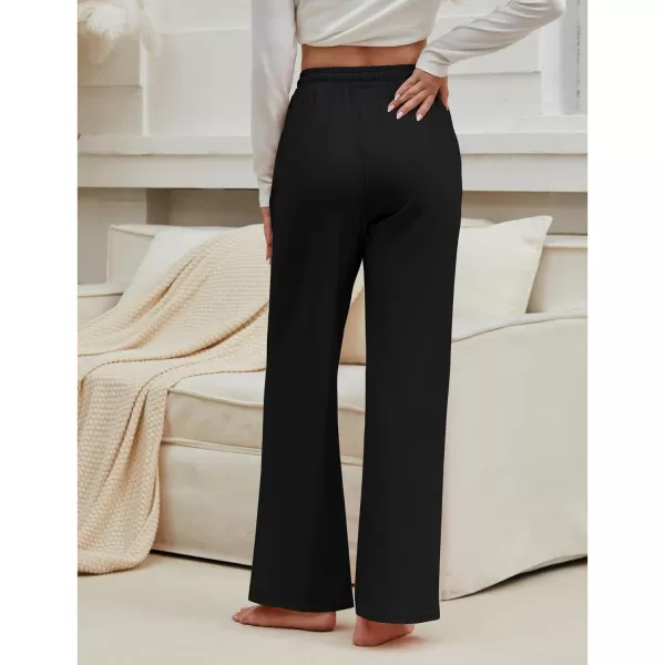 GRAPENT Womens Pants High Waisted Lounge Wide Leg Pull On Casual Drawstring Pj Bottoms Baggy Pajama Pants LoungewearBlack