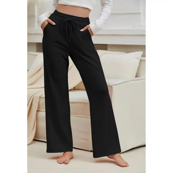 GRAPENT Womens Pants High Waisted Lounge Wide Leg Pull On Casual Drawstring Pj Bottoms Baggy Pajama Pants LoungewearBlack