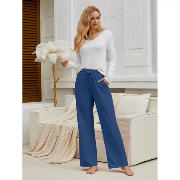 GRAPENT Womens Pants High Waisted Lounge Wide Leg Pull On Casual Drawstring Pj Bottoms Baggy Pajama Pants LoungewearBlue