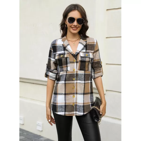 GRAPENT Womens Plaid Flannel Shacket Jacket Button Down Shirt Jackets Long Sleeve CoatsBrown Plaid