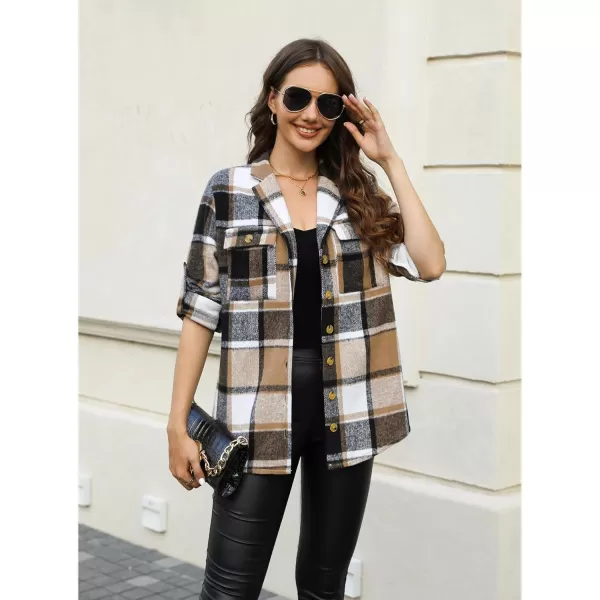 GRAPENT Womens Plaid Flannel Shacket Jacket Button Down Shirt Jackets Long Sleeve CoatsBrown Plaid
