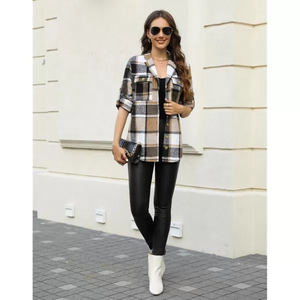 GRAPENT Womens Plaid Flannel Shacket Jacket Button Down Shirt Jackets Long Sleeve CoatsBrown Plaid