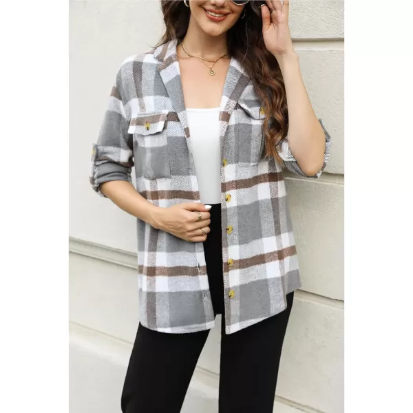 GRAPENT Womens Plaid Flannel Shacket Jacket Button Down Shirt Jackets Long Sleeve CoatsGray Plaid