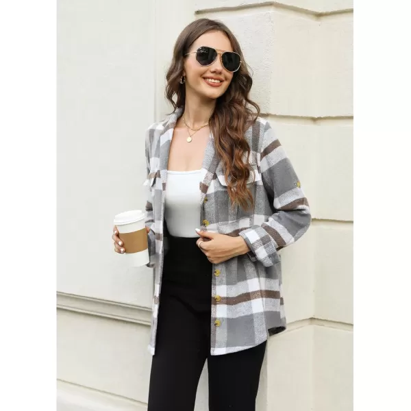 GRAPENT Womens Plaid Flannel Shacket Jacket Button Down Shirt Jackets Long Sleeve CoatsGray Plaid