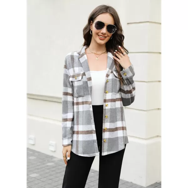 GRAPENT Womens Plaid Flannel Shacket Jacket Button Down Shirt Jackets Long Sleeve CoatsGray Plaid