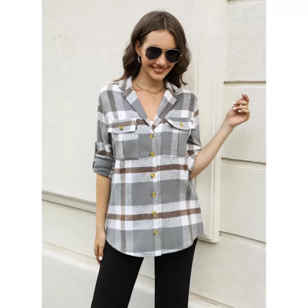 GRAPENT Womens Plaid Flannel Shacket Jacket Button Down Shirt Jackets Long Sleeve CoatsGray Plaid