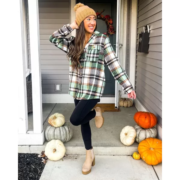 GRAPENT Womens Plaid Flannel Shacket Jacket Button Down Shirt Jackets Long Sleeve CoatsGreen
