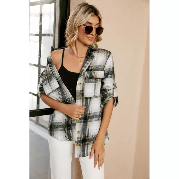 GRAPENT Womens Plaid Flannel Shacket Jacket Button Down Shirt Jackets Long Sleeve CoatsKhaki Plaid