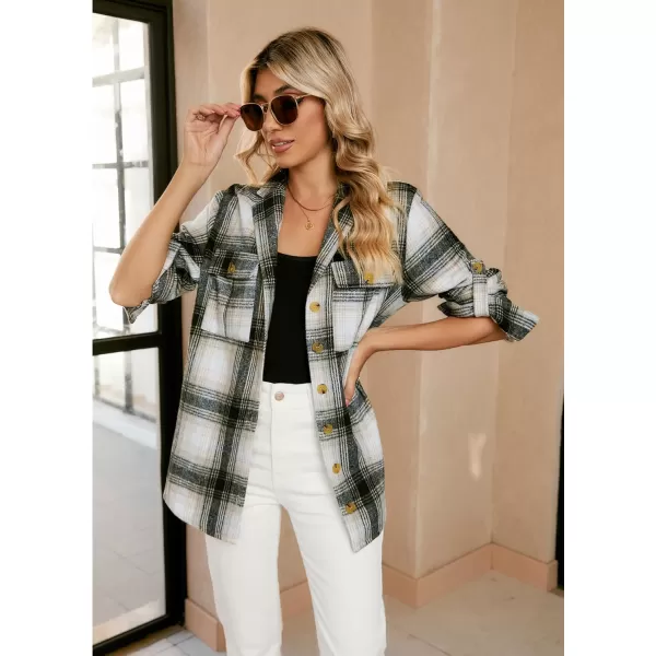 GRAPENT Womens Plaid Flannel Shacket Jacket Button Down Shirt Jackets Long Sleeve CoatsKhaki Plaid