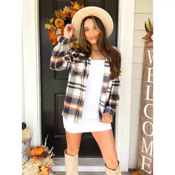 GRAPENT Womens Plaid Flannel Shacket Jacket Button Down Shirt Jackets Long Sleeve CoatsOrange