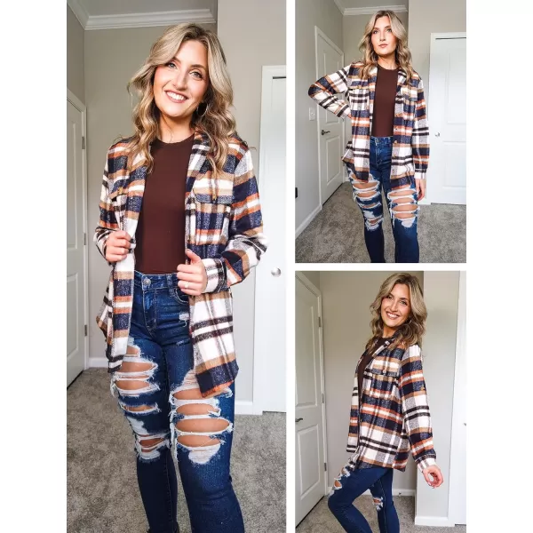GRAPENT Womens Plaid Flannel Shacket Jacket Button Down Shirt Jackets Long Sleeve CoatsOrange
