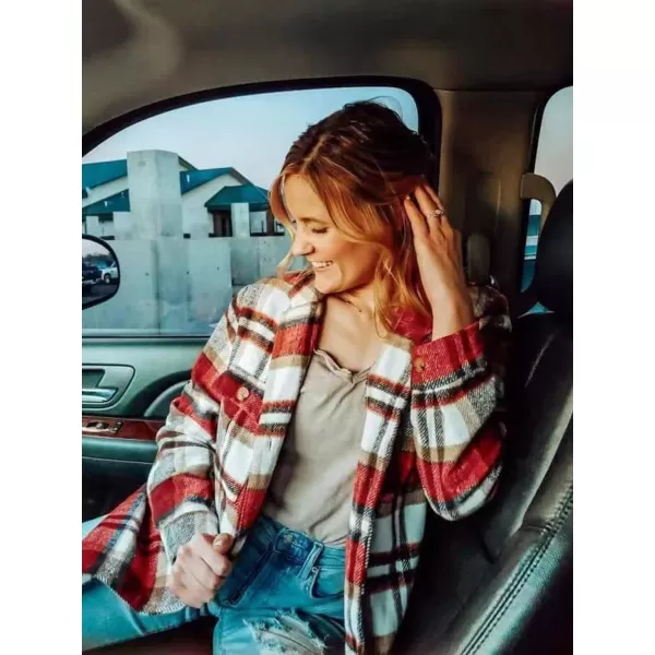 GRAPENT Womens Plaid Flannel Shacket Jacket Button Down Shirt Jackets Long Sleeve CoatsRed