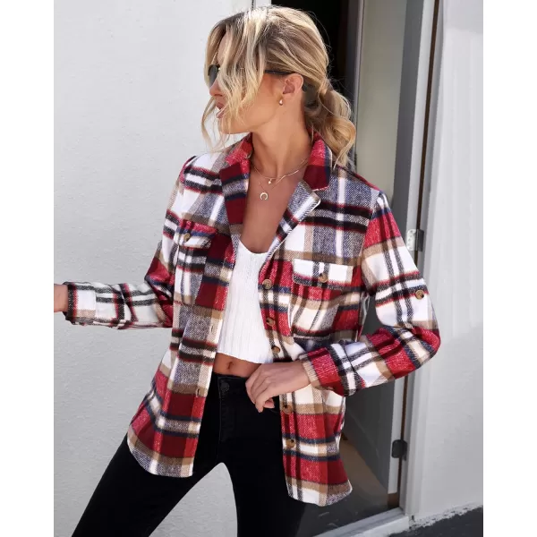 GRAPENT Womens Plaid Flannel Shacket Jacket Button Down Shirt Jackets Long Sleeve CoatsRed