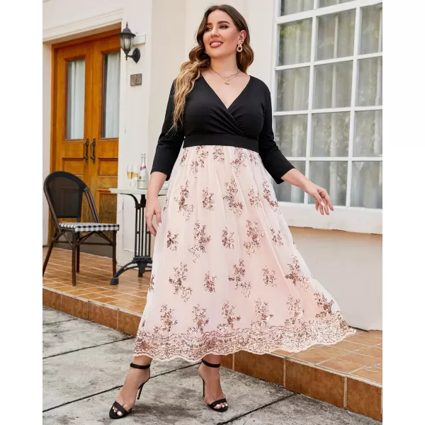 GRAPENT Womens Plus Size Sequin 34 Sleeves Evening Gown Party Long Maxi DressBeige Pink