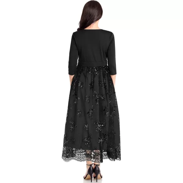 GRAPENT Womens Plus Size Sequin 34 Sleeves Evening Gown Party Long Maxi DressBlack