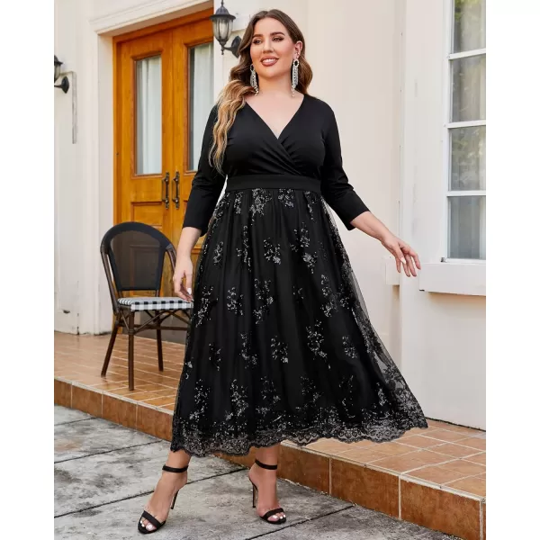 GRAPENT Womens Plus Size Sequin 34 Sleeves Evening Gown Party Long Maxi DressBlack
